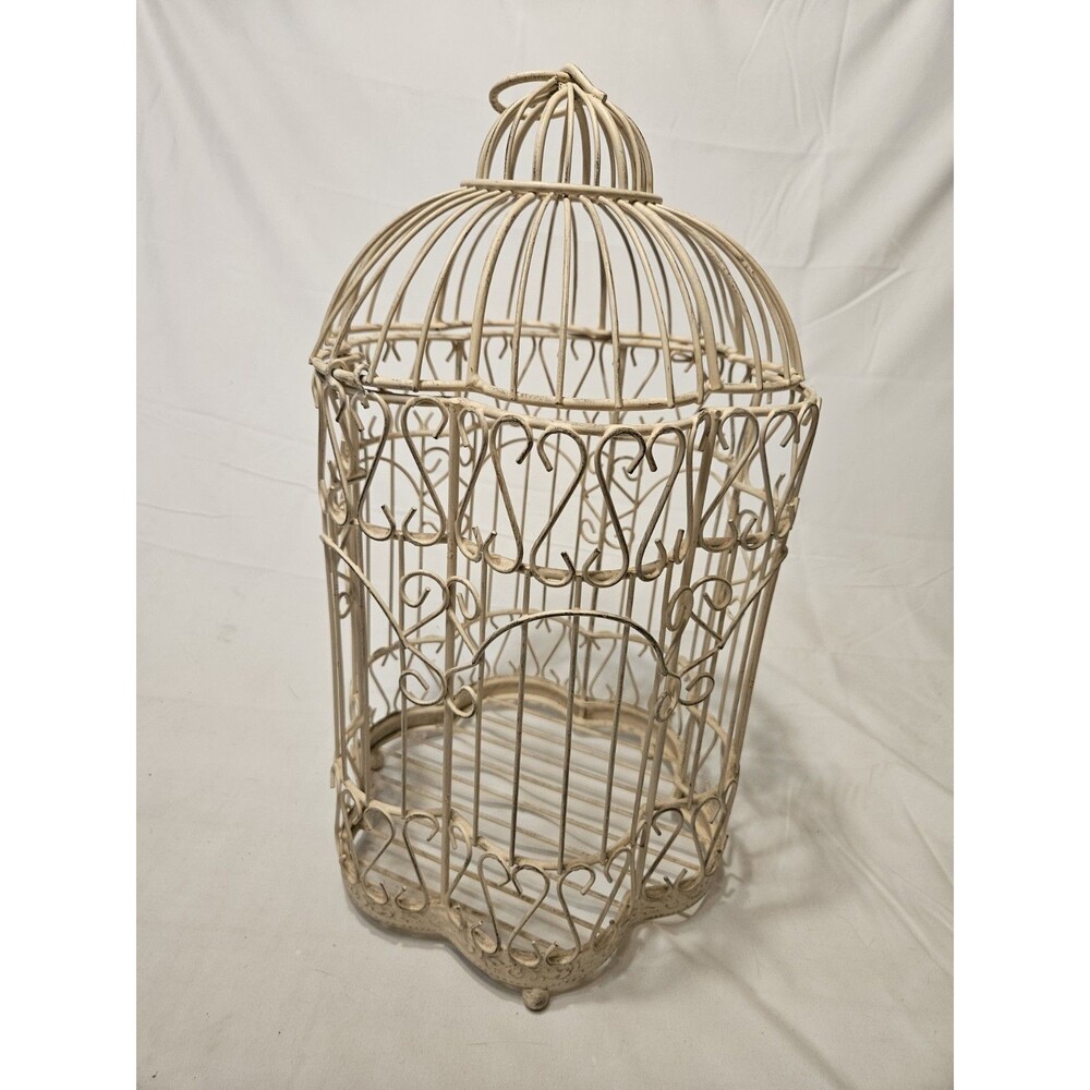 Vintage Shabby Chic 17" Tall Decorative Metal Bird Cage Distressed Cream Cottage